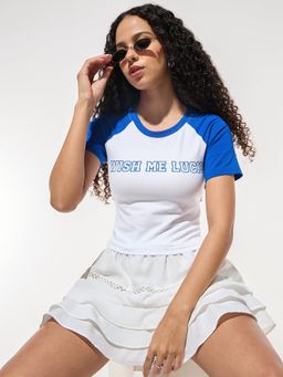 Outzidr - Women White Cotton Lycra Typography Bodycon Fit T-Shirt