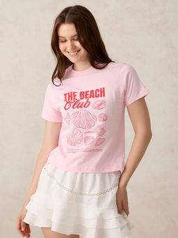 Outzidr - Women Pink Cotton Typography Regular Fit T-Shirt