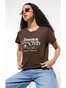 Outzidr - Women Brown Cotton Typography Regular Fit T-Shirt