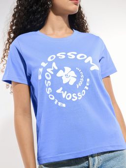 Outzidr - Women Blue Cotton Typography Regular Fit T-Shirt