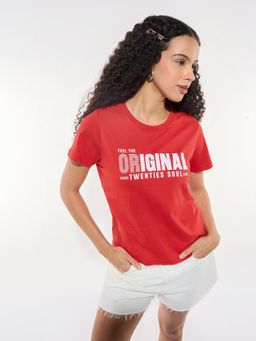 Outzidr - Women Red Cotton Typography Regular Fit T-Shirt