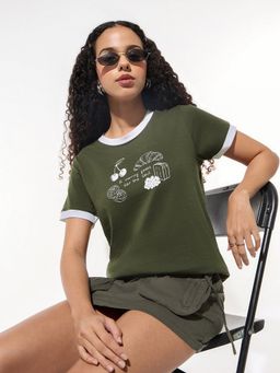 Outzidr - Women Green Cotton Typography Regular Fit T-Shirt