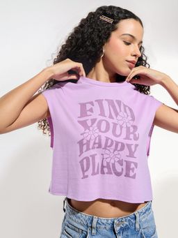 Outzidr - Women Lavender Cotton Typography Boxy Fit T-Shirt
