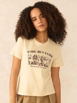 Outzidr - Women Beige Cotton Typography Regular Fit T-Shirt