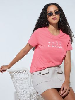 Outzidr - Women Pink Cotton Typography Regular Fit T-Shirt