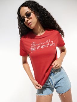 Outzidr - Women Red Cotton Typography Regular Fit T-Shirt