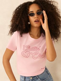 Outzidr - Women Pink Cotton Typography Regular Fit T-Shirt
