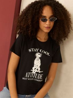 Outzidr - Women Black Cotton Typography Regular Fit T-Shirt