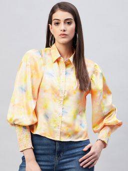 Marie Claire - Women Casual Yellow Printed Bishop Sleeves Shirt Style Top