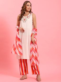 Shree - Women Rayon White Embroidered Kurta With Comfort Pant And Dupatta (Set Of 3)