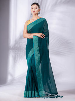 CHARUKRITI - Teal Pure Cotton Handwoven Soft Saree & Zari Border with Unstitched Blouse