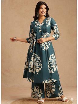 Vbuyz - Women Teal Floral A-Line Cotton Stitched Co-Ord Set