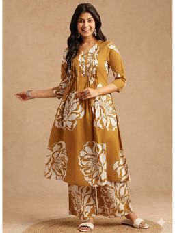 Vbuyz - Women Yellow Floral A-Line Cotton Stitched Co-Ord Set