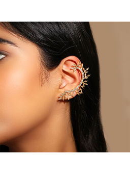 PRITA - Gold Plated White Stones Leaves Shape Ear Cuff Earrings