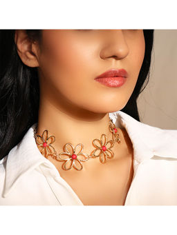 PRITA - Floral Red Stone Stud Statement Necklace