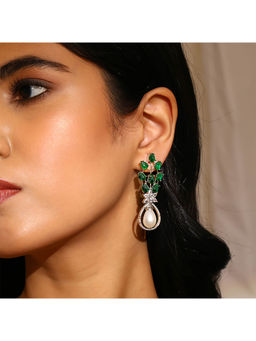 Priyaasi - Leafy Green Stone White American Diamond Floral Pearl Drop Earrings