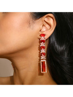 Priyaasi - American Diamond Ruby Floral Sequence Long Rose Gold Earrings