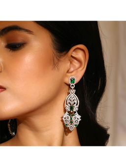 Priyaasi - American Diamonds Green Floral Stoned Long Drop Earrings