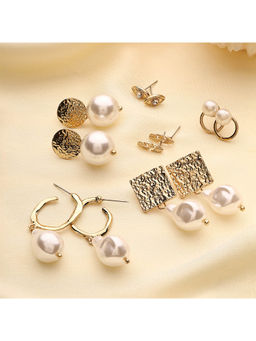 Priyaasi - Hammered-Style Pearl Studs Drops Combo Earrings