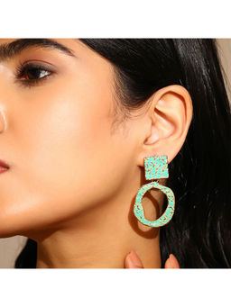 Priyaasi - Aqua Green Hammered Gold Plated Drop Earrings