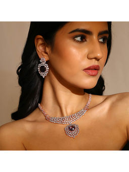 Priyaasi - Royal Elegance Purple Stoned American Diamond Rose Gold Jewellery Set