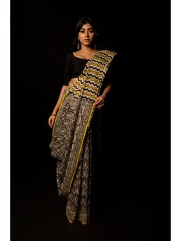 Unnati Silks - Black Pure Bagru Mulmul Cotton Saree with Unstitched Blouse