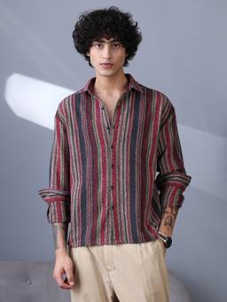 CAHOOT - Raspberry Red & Indigo Blue Multitrack-Striped Woven Shirt