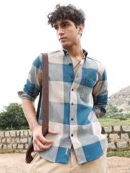 CAHOOT - Azure Blue & Off-White Buffalo-Woven Regular Shirt