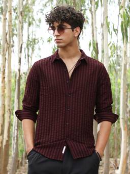 CAHOOT - Wine Red Edgy-Stripe Jacquard Shirt