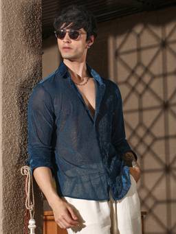 CAHOOT - Midnight Blue Solid Velvet Shirt