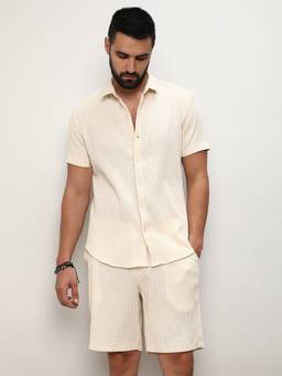 CAHOOT - Pale Yellow Self-Design Striped Co-Ord Set