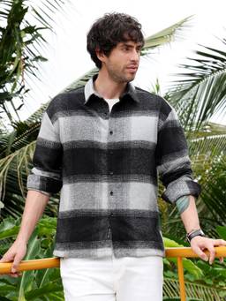 CAHOOT - Coin Grey:Midnight Black Vignette-Checkered Oversized Shirt