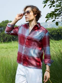 CAHOOT - Venetian Red & Coin Grey Vignette-Checkered Oversized Shirt