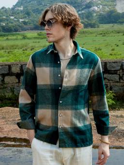 CAHOOT - Emerald Green & Buff Beige Vignette-Checkered Oversized Shirt