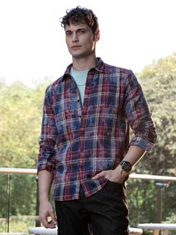 CAHOOT - Indigo Blue & Sangria Red Dark-Plaid Relaxed Shirt