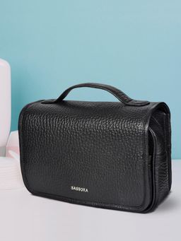 Sassora - Premium Leather Flap with Zip Closure Travel Toiletry Pouch - Black (M)
