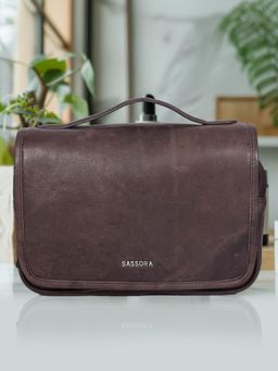 Sassora - Premium Leather Flap with Zip Closure Travel Toiletry Pouch - Brown (M)