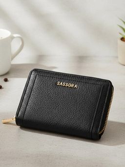 Sassora - Genuine Leather RFID Blocking Compact Zip Around Wallet - Black (M)