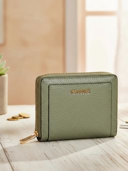 Sassora - Genuine Leather RFID Blocking Compact Zip Around Wallet - Green (M)