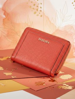 Sassora - Genuine Leather RFID Blocking Compact Zip Around Wallet - Orange (M)