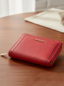 Sassora - Genuine Leather RFID Blocking Compact Zip Around Wallet - Red (M)
