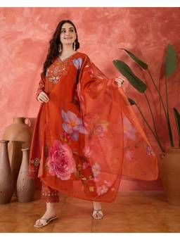 Gahan - Orange Bitaliyan Embroidery Schiffli Lace Anarkali Kurta with Pant & Dupatta