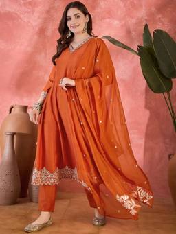 Gahan - Orange Bitaliyan Thread Sequence Embroidered Anarkali Kurta with Pant & Dupatta