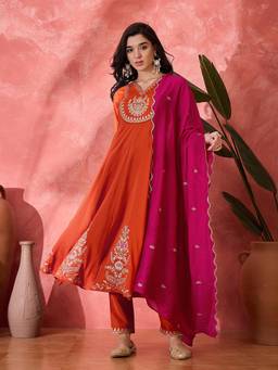 Gahan - Orange Bitaliyan Zari Sequence Embroidery Lace Anarkali Kurta with Pant & Dupatta