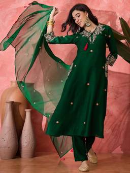 Gahan - Green Vichitra Thread Zari Sequence Embroidered Anarkali Kurta with Pant & Dupatta