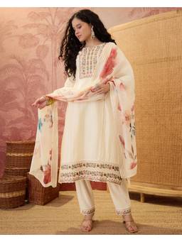 Gahan - Off White Mal Chanderi Zari Sequence Thread Kurta with Pant & Dupatta
