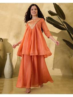 Gahan - Coral Silk Blend Zari Sequence Embroidered Kurta with Palazzo