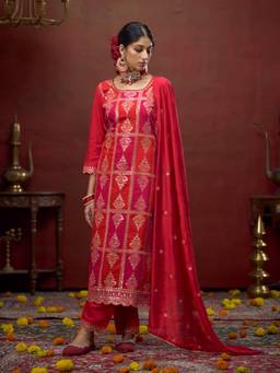 Gahan - Red Silk Zari Sequence Emboidered Kurta with Pant & Dupatta