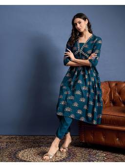 Gahan - Teal Silk Blend Zari Embroidered Floral Print Kurta & Pant