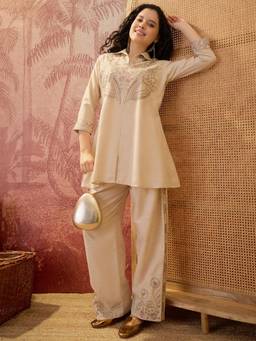 Gahan - Beige Darban Blend Embroidered Shirt Collar A-Line Short Kurta with Palazzo